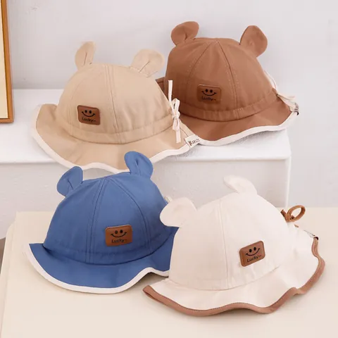 Chapeau de Soleil pour Bébé et Enfant en Coton à Bord Large Bob avec Oreilles 3D Écusson Smiley Lucky et Mentonnière Réglable