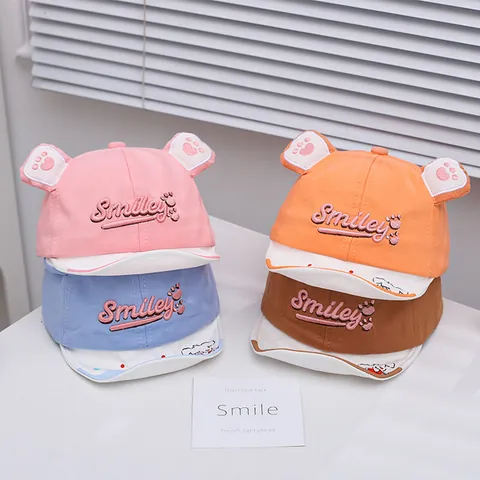 Gorra de Béisbol para Bebés y Niños con Visera Suave Lindas Orejas de Animales 3D Bordado de Letras Smiley Sombrero de Sol de Algodón
