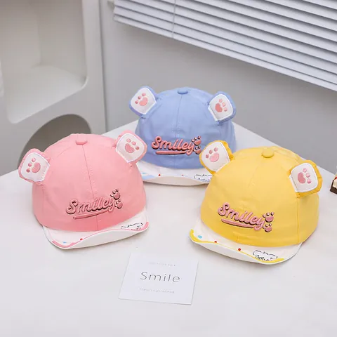 Gorra de Béisbol para Bebés y Niños con Visera Suave Lindas Orejas de Animales 3D Bordado de Letras Smiley Sombrero de Sol de Algodón