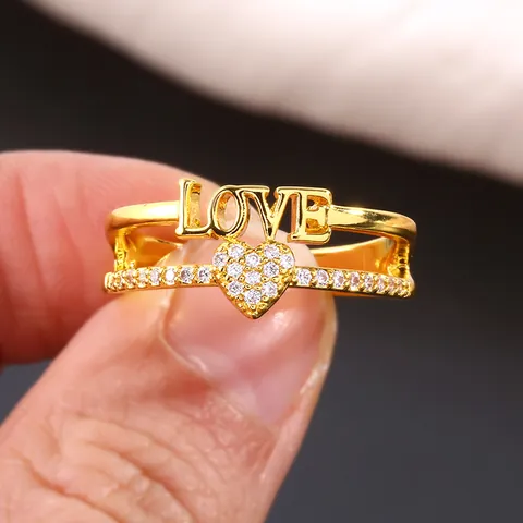 Romantic LOVE Heart Zirconia Double Layer Ring Gold Silver Plated Copper Open Ring For Women Valentine Fashion Jewelry