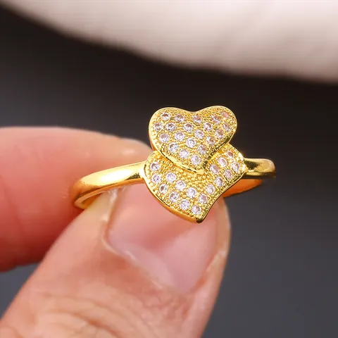 Luxury Copper Double Heart Zirconia Ring Gold Silver Plated Micro-inlaid Adjustable Opening Ring Valentine's Day Jewelry
