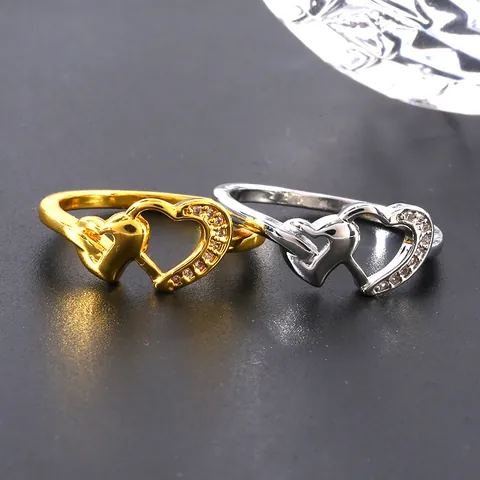 Luxury Copper Zirconia Double Heart Ring Gold Silver Plated Rhinestone Interlocking Heart Adjustable Ring For Women Jewelry Gift