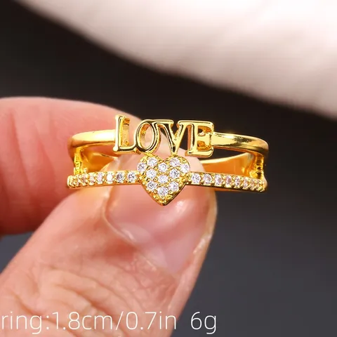 Romantic LOVE Heart Zirconia Double Layer Ring Gold Silver Plated Copper Open Ring For Women Valentine Fashion Jewelry