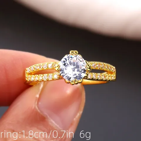 Luxury Split Shank Copper Ring With Round Brilliant Cut Zircon 6-Prong Setting Micro Paved Crystal Wedding Jewelry For Women