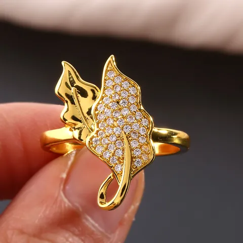 Copper Zirconia Double Maple Leaf Ring Gold Silver Plated Elegant Botanical Fashion Jewelry For Women Wedding Party Gift