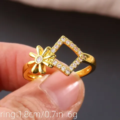 Women Copper Zirconia Flower Geometric Rhombus Ring Gold Silver Plated Micro Inlaid Zirconia Fresh Sweet Fashion Jewelry Accessory