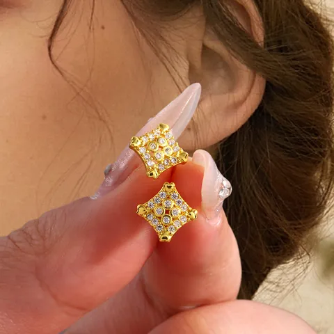Luxury Square Hip Hop Stud Earrings For Women Copper Zirconia Full Diamond Gold Silver Plated Geometric Ear Jewelry Party Gift