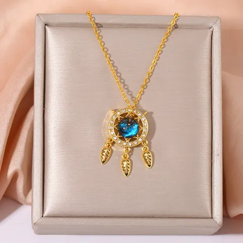 Elegant Copper Zirconia Dreamcatcher Pendant Necklace Blue Starry Glass Ball With Leaf Charms Gold Plated Jewelry For Women Gift