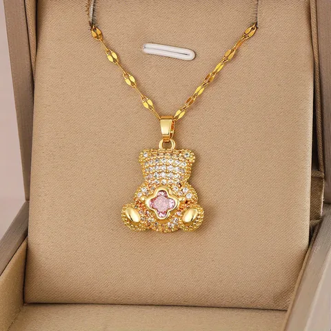 Collana Con Ciondolo a Orsetto in Rame Placcato Oro 18K Con Zirconia Elemento Quadrifoglio Rosa Per Donna Gioielli Dolce