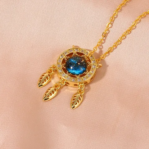 Elegant Copper Zirconia Dreamcatcher Pendant Necklace Blue Starry Glass Ball With Leaf Charms Gold Plated Jewelry For Women Gift