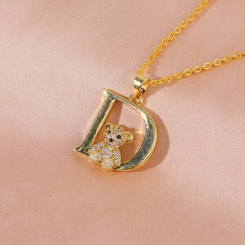 Collar con Colgante de Oso Letra D de Cobre y Zirconia de Lujo para Mujer Cadena de Labios Chapada en Oro Joyería de Moda