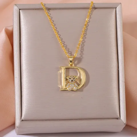 Collar con Colgante de Oso Letra D de Cobre y Zirconia de Lujo para Mujer Cadena de Labios Chapada en Oro Joyería de Moda