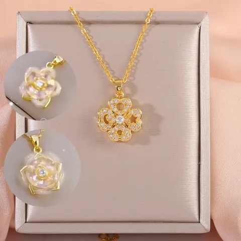 Luxury Copper Gold Plated Zirconia Four Leaf Clover Heart Pendant Necklace With Rose Projection Romantic Jewelry Gift For Women