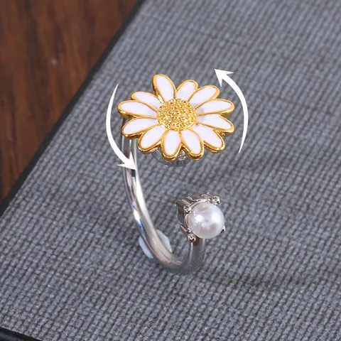 Gänseblümchen Drehbares Perle Kupfer Offener Ring Für Damen Zirkonia Emaille Verstellbarer Blumen Fingerring Anti Stress Schmuck Geschenk