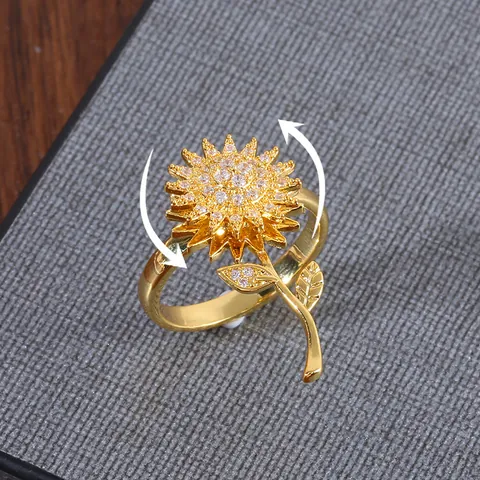 Anillo de Girasol Giratorio de Cobre con Zirconia Chapado en Oro Anillo Abierto Ajustable Joyería Anti-estrés para Mujer
