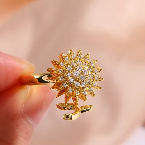 Anillo de Girasol Giratorio de Cobre con Zirconia Chapado en Oro Anillo Abierto Ajustable Joyería Anti-estrés para Mujer