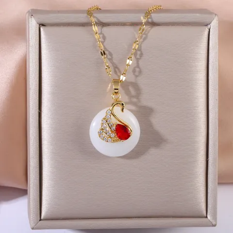 Elegant Gold Plated Copper Zirconia Swan Pendant Necklace With Red Water Drop Stone And White Ceramic-Look PVC Decoration For Women Vintage Jewelry