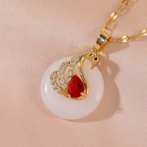Elegant Gold Plated Copper Zirconia Swan Pendant Necklace With Red Water Drop Stone And White Ceramic-Look PVC Decoration For Women Vintage Jewelry