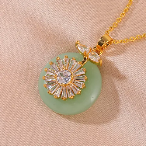 Luxus Kupfer Zirkonia Sonnenblume Anhänger Halskette Mit Grüner Jade-Imitat Pi-Scheibe Vintage Goldkette Schmuck Für Damen
