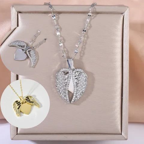 Copper Zirconia Angel Wing Heart Locket Pendant Necklace For Women Openable Photo Keepsake Elegant Light Luxury Jewelry Gift