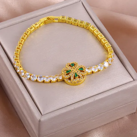 Luxury Gold Plated Titanium Steel Tennis Bracelet For Women Rotating Green Zirconia Four Leaf Clover Bracelet Fashion Jewelry Gift