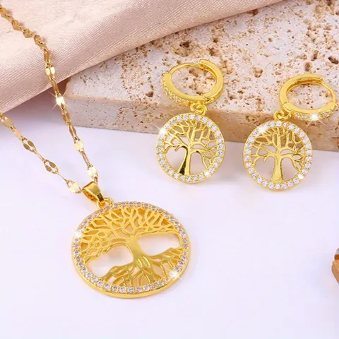 Lebensbaum Schmuckset Damen Kupfer Zirkonia Halskette Und Ohrringe Vergoldet Hohl Design Modeschmuck Set