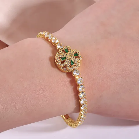 Luxury Gold Plated Titanium Steel Tennis Bracelet For Women Rotating Green Zirconia Four Leaf Clover Bracelet Fashion Jewelry Gift