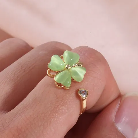 Drehbarer Vierblättriges Kleeblatt Ring Für Damen Gold Vergoldetes Kupfer Zirkonia Grüner Katzenaugenstein Herz Offener Verstellbarer Ring Schmuck
