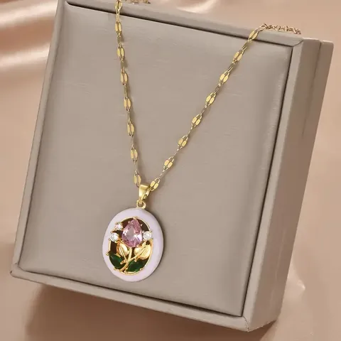 Vintage Goldene Legierung Rose Blume Emaille Anhänger Halskette Mit Zirkonia Für Damen Künstlerische Wachssiegel Münze Schmuck Geschenk