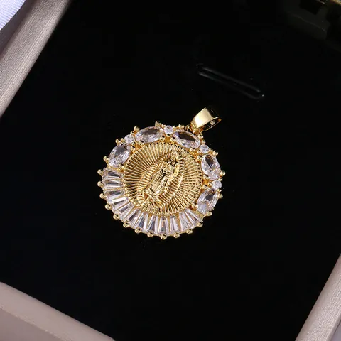 Vintage Copper Gold Plated Virgin Mary Guadalupe Round Badge Pendant Necklace With Zirconia For Women Religious Jewelry