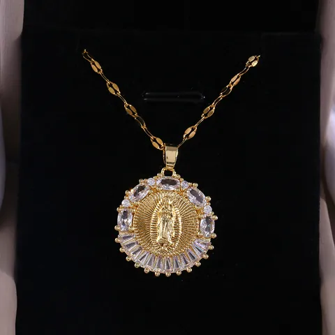 Vintage Copper Gold Plated Virgin Mary Guadalupe Round Badge Pendant Necklace With Zirconia For Women Religious Jewelry