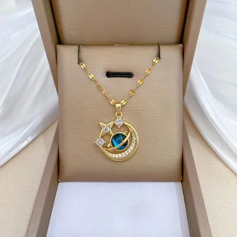 Star Moon Planet Celestial Pendant Necklace Stainless Steel Chain Copper Zircon Jewelry For Women Elegant Galaxy