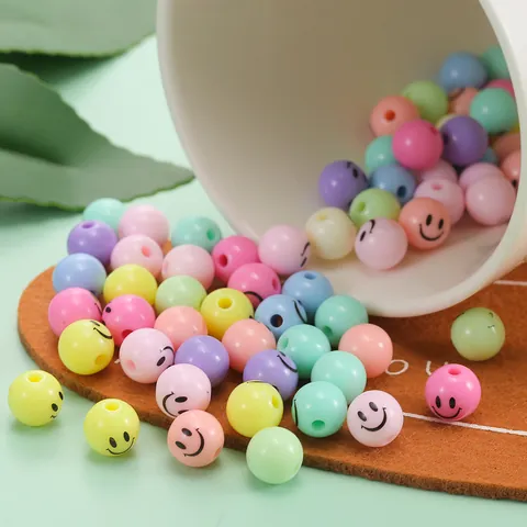 Colorful Smile Face Round Beads For DIY Jewelry Making Macaron Color Plastic Loose Beads For Necklace Phone Chain Craft