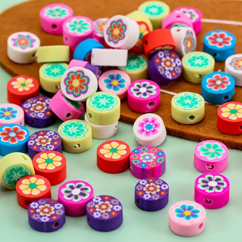 Perles en Pâte Polymère à Motif de Fleurs Colorées Perles Plates Rondes en Vrac pour la Fabrication de Bijoux DIY Artisanat