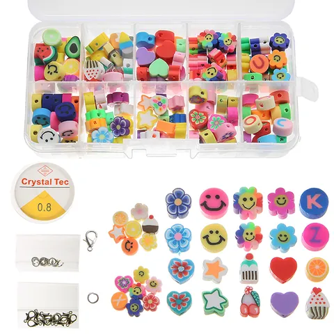 Perles en Pâte Polymère Multicolores Boîte de Rangement Fruits Sourire Fleur Cœur Étoile Lettre Perles pour Bracelet Collier Bijoux DIY