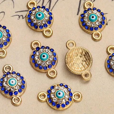 Dijes de Aleación con Diamantes de Imitación de Ojo Turco para Fabricación de Joyas DIY Chapados en Oro Azul Real Cristal Conectores de Doble Anillo Hechos a Mano para Collares Pulseras Suministros de Artesanía Joyería para Mujer