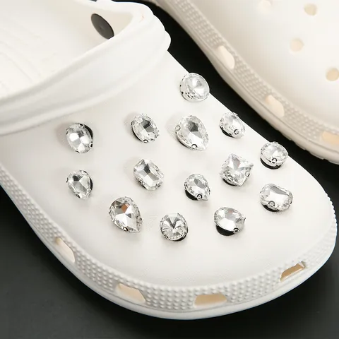 Clear Glass Rhinestone Shoe Charms For Sandals Clogs DIY Geometric Heart Square Crystal Shoe Buckles Accessories For Women Men
