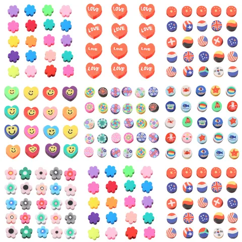 Perles en Pâte Polymère Colorées Motif Mixte Cœur Visage Souriant Fleur Drapeau Perles d'Espacement pour Création de Bijoux DIY
