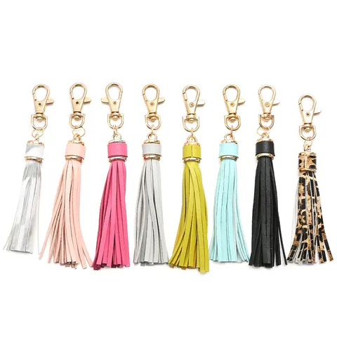 PU Leather Tassel Keychain For Women Bag Charm Gold Lobster Clasp Leopard Marble Solid Color Key Ring Decoration Accessories