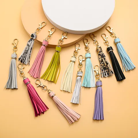 PU Leather Tassel Keychain For Women Bag Charm Gold Lobster Clasp Leopard Marble Solid Color Key Ring Decoration Accessories