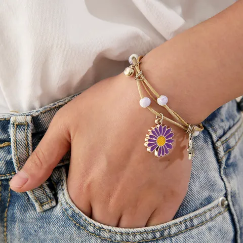Braccialetto in Corda Intrecciata Fatto a Mano Stile Coreano Ceramica Lega Smalto Margherita Luna Mela Stella Pendente Gioielli Donna