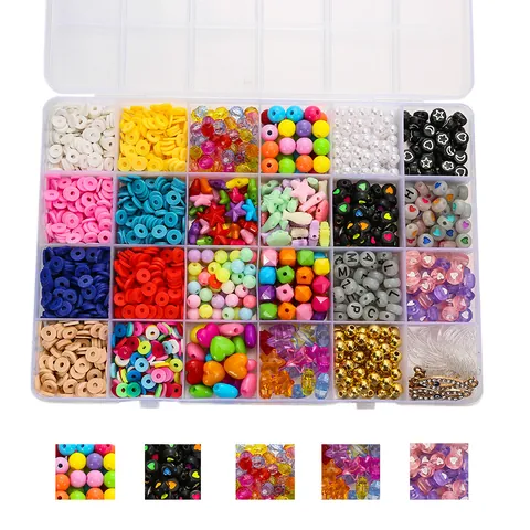 Assortiment pour Création de Bijoux DIY Perles Heishi en Pâte Polymère Colorée Perles Lettres Alphabet Étoiles Cœurs Avec Cordon Pendentifs en Alliage