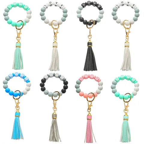 Women Silicone Beaded Wristlet Keychain With PU Leather Tassel LOVE Letter Bangle Key Ring For Keys Organization Jewelry