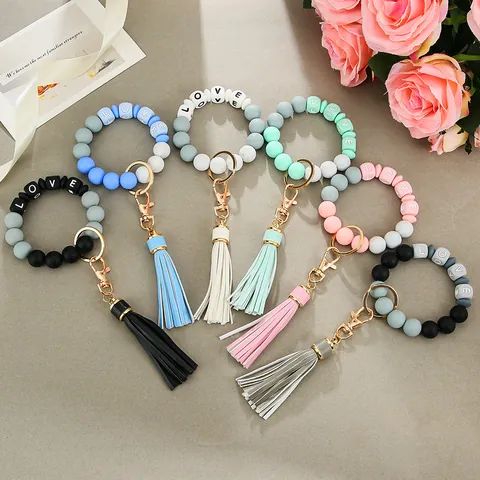 Women Silicone Beaded Wristlet Keychain With PU Leather Tassel LOVE Letter Bangle Key Ring For Keys Organization Jewelry