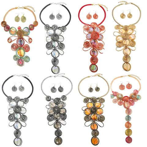 Handmade African Tribal Statement Necklace Earrings Woven Aluminum Wire Glass Bohemian Ethnic Jewelry Women Party Gift