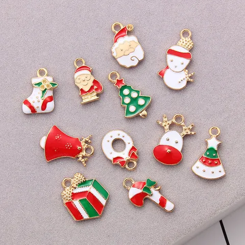 Christmas Enamel Alloy Pendants Santa Snowman Reindeer Tree Candy Cane Bell Wreath Sock DIY Jewelry Making Accessories