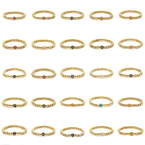 Bracciale Elastico Minimalista a Perline Color Oro Con Pendente a Lettera Iniziale Gioielli alla Moda Donna Perle in Lega di Rame