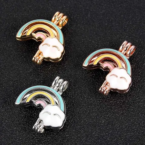 DIY Alloy Enamel Rainbow Cloud Pearl Cage Pendant Locket Hollow Openable Jewelry Making Component For Aromatherapy Necklace