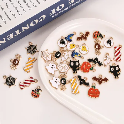 Halloween Alloy Enamel Charms Pendants Mixed Pumpkin Ghost Cat Bat Candy Witch Hat For DIY Jewelry Making Accessories