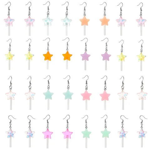 Cute Resin Star Lollipop Dangle Earrings For Women Teens Colorful Glitter Five-Pointed Star Magic Wand Drop Earrings Fashion Jewelry